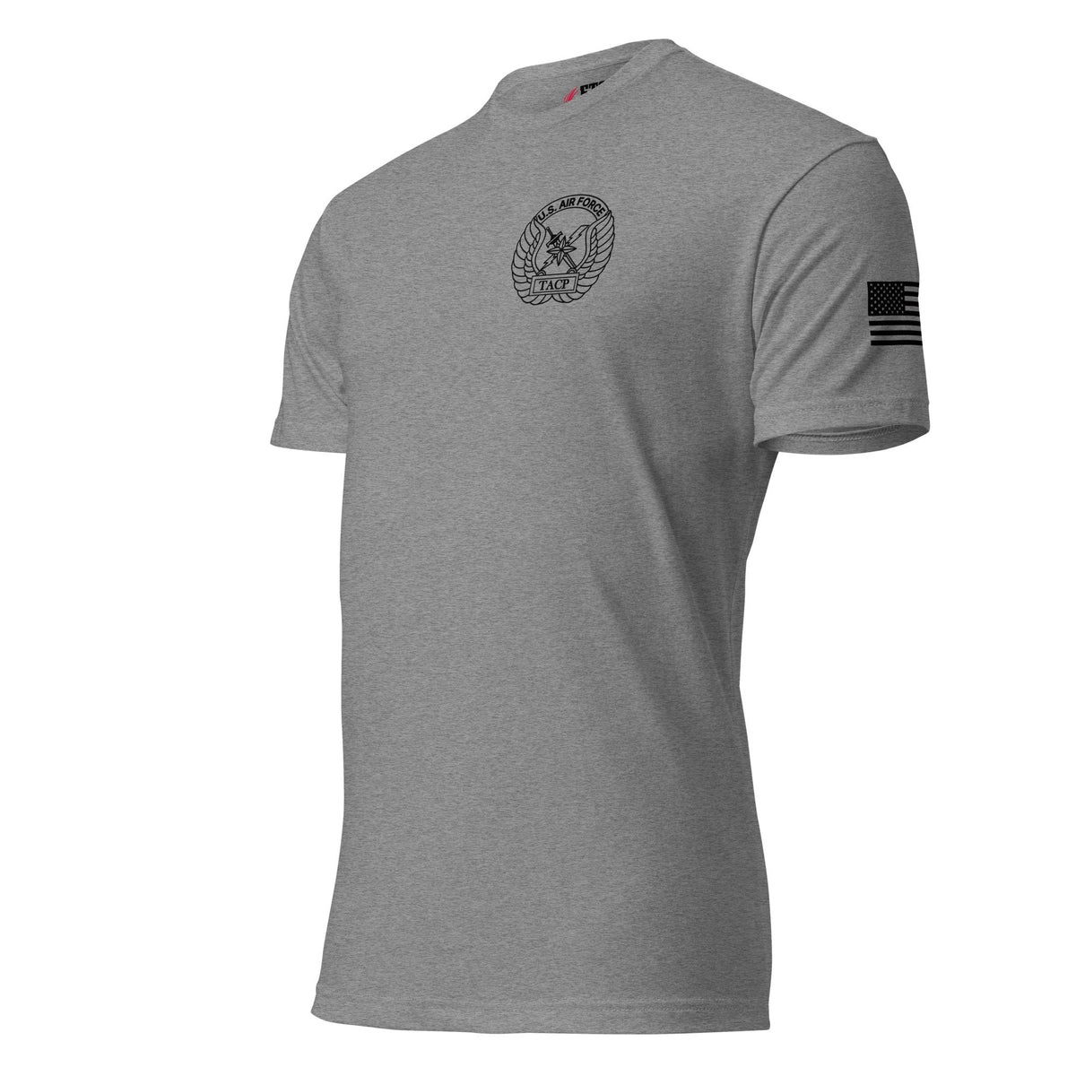 Ultimate TACP Special Warfare Tee in Dark Heather Grey, left sleeve flag and front print